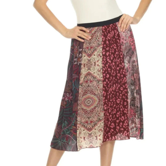 Johnny Was Jade Valencia Panelled Silk Pull-On Midi Skirt Boho Chic. Sz: Large